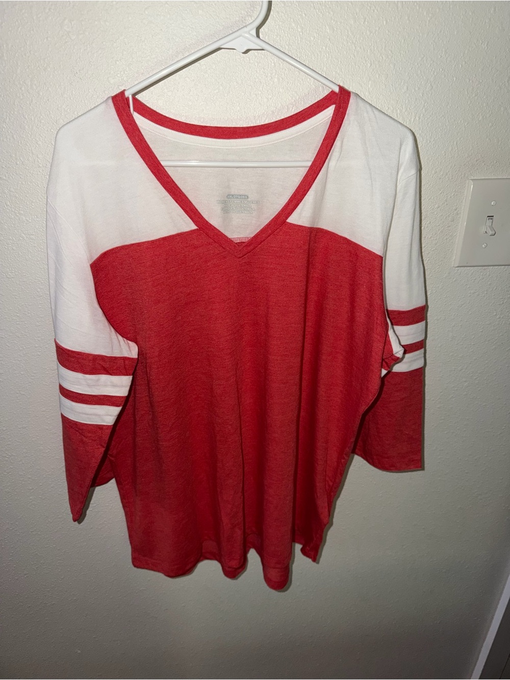 Women’s Red V-Neck Athletic Jersey Top with White Sleeve Stripes